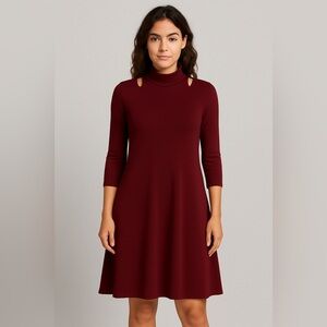 Clara Sun Woo Maroon High Neck 3/4 Sleeve Burgundy Dress Size XS‎ Cutout Mock